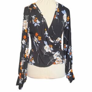 Free People Wrap Peplum Top Black Floral Long Sleeve Women Size Small